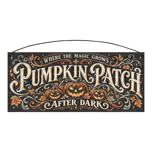 Pumpkin Patch After Dark 7x16 pine wood sign, front