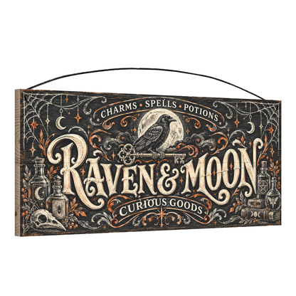 Raven & Moon Curious Goods 7x16 pine wood sign, angled view showing edge