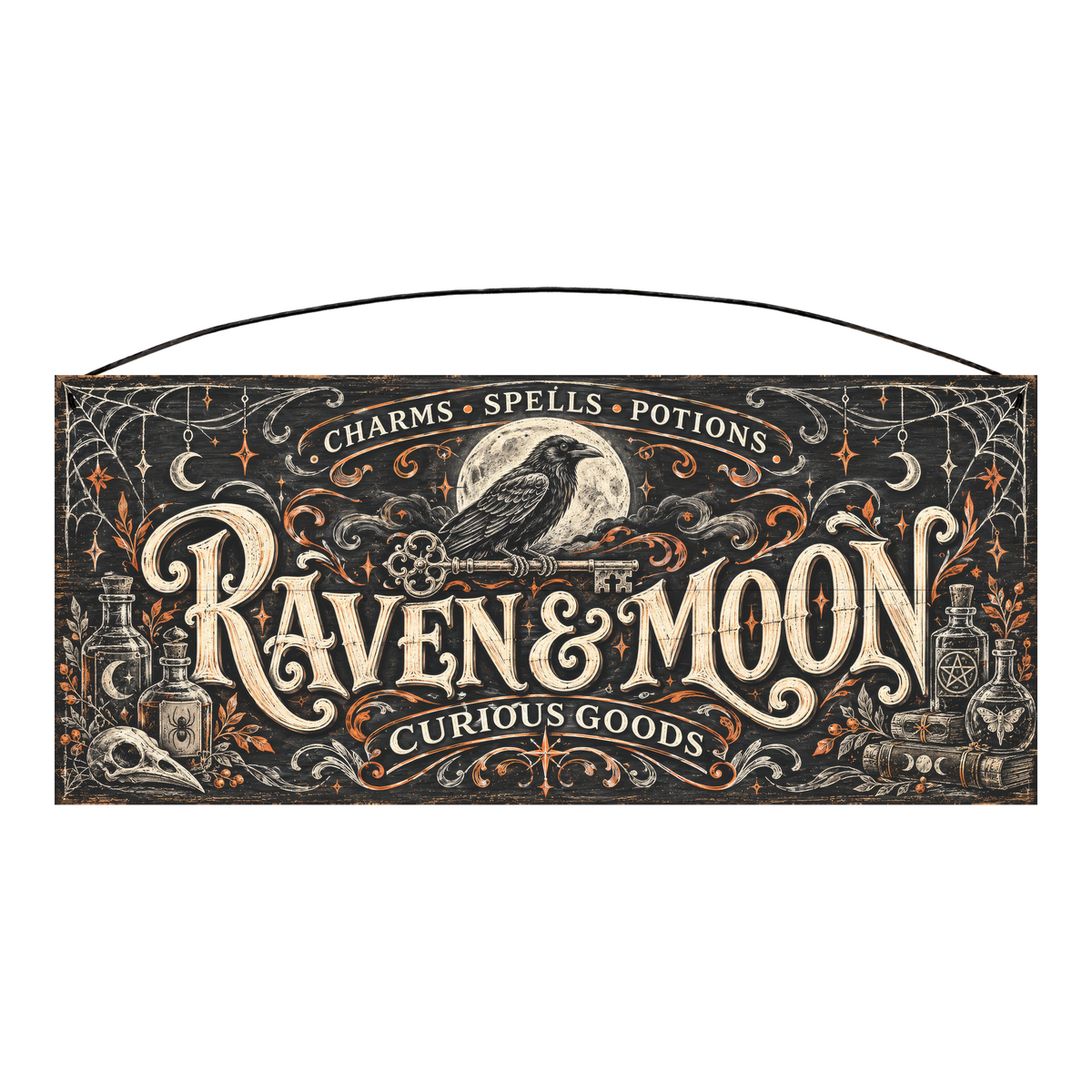 Raven & Moon Curious Goods 7x16 pine wood sign, front