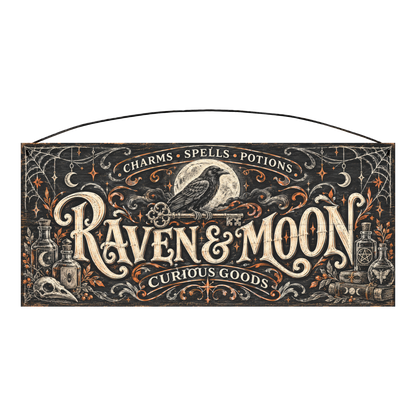 Raven & Moon Curious Goods 7x16 pine wood sign, front