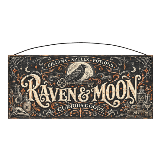 Raven & Moon Curious Goods 7x16 pine wood sign, front