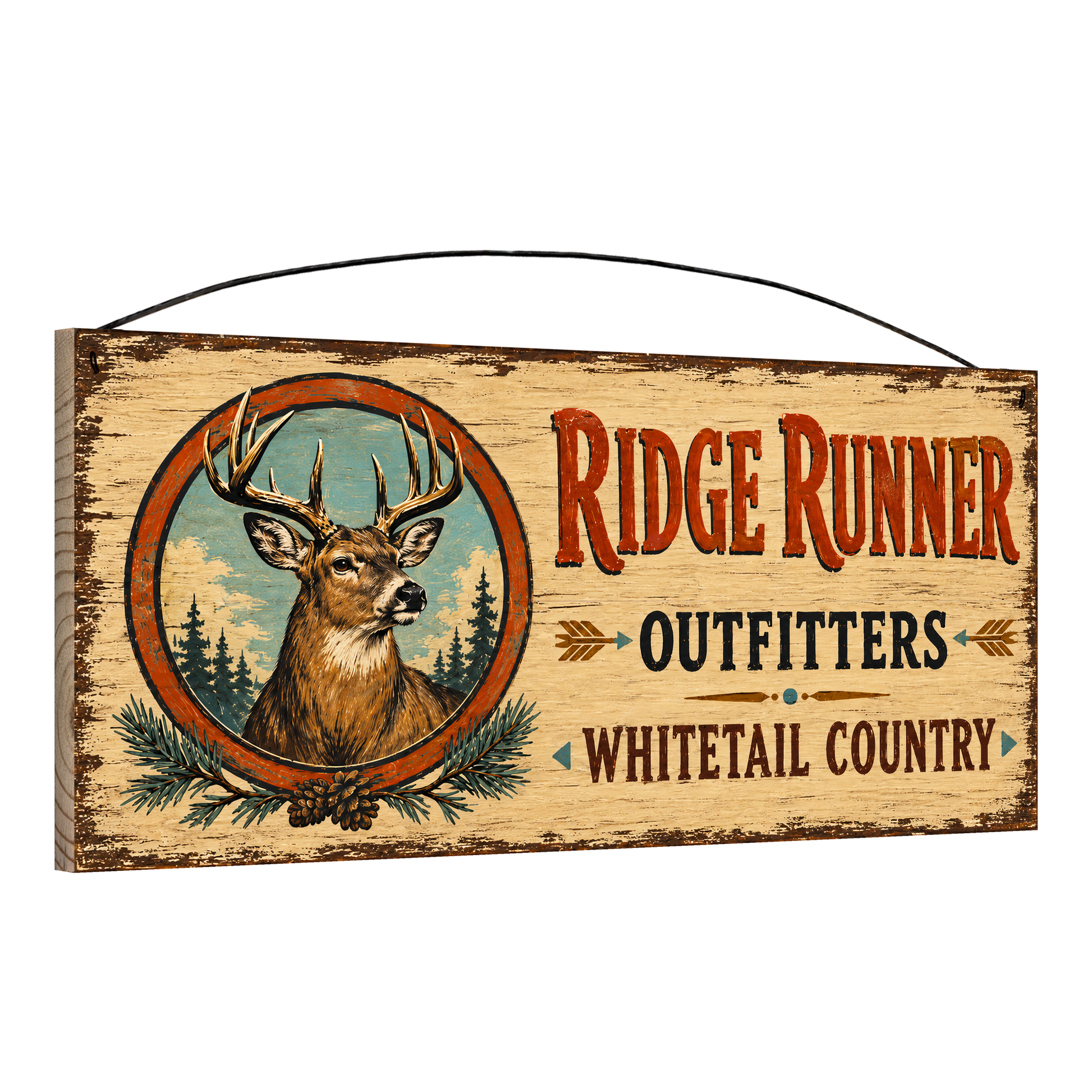 Angled view of the Ridge Runner Outfitters 7 x 16 pine wood sign showing the board edge and hanging wire