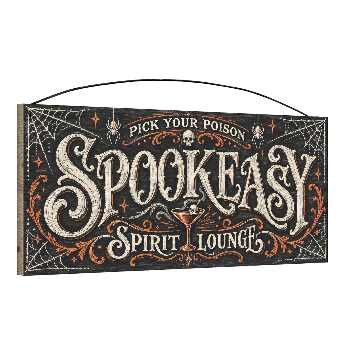 Spookeasy Spirit Lounge 7x16 pine wood sign, angled view showing edge