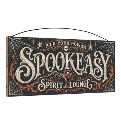 Spookeasy Spirit Lounge 7x16 pine wood sign, angled view showing edge