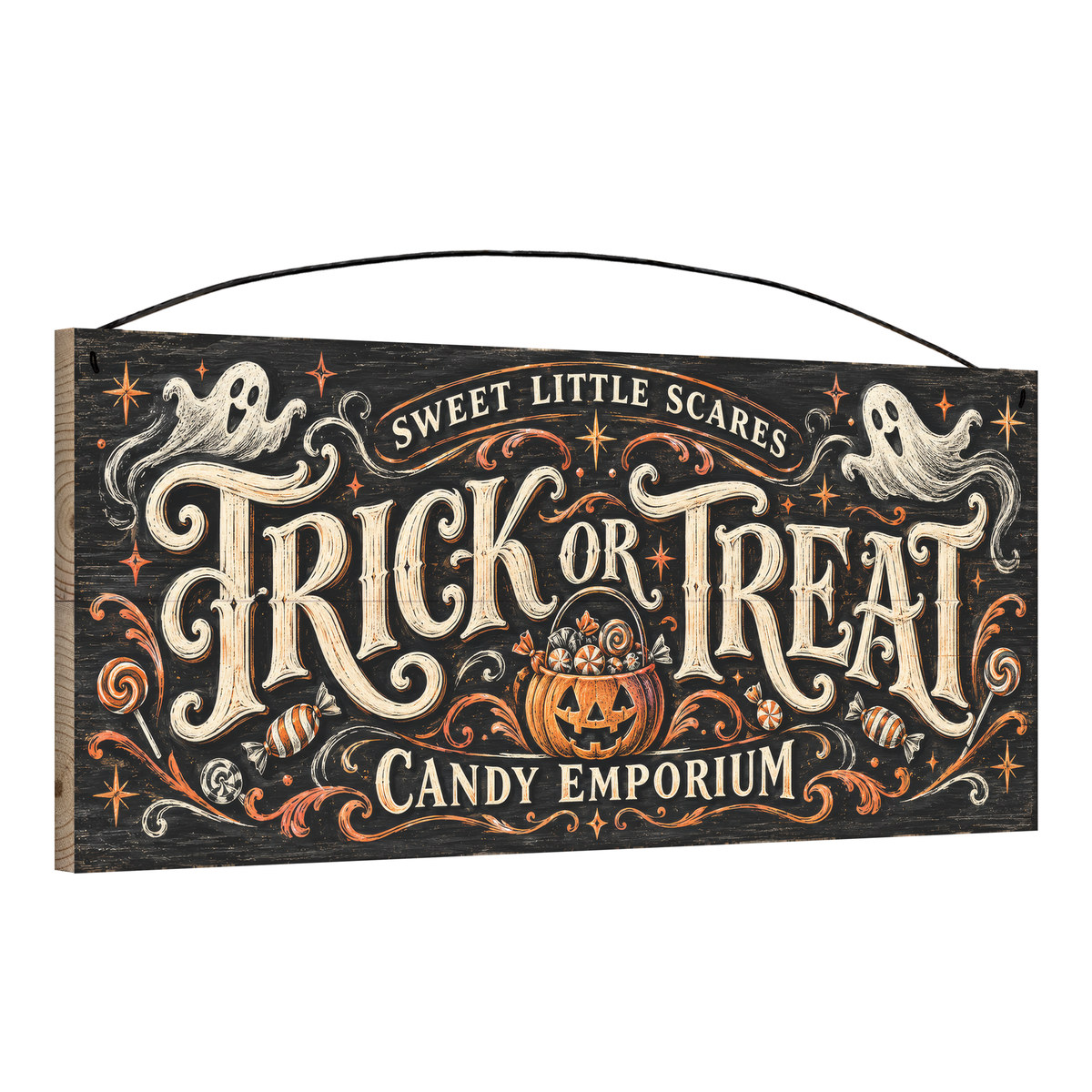 Trick or Treat Candy Emporium 7x16 pine wood sign, angled view showing edge