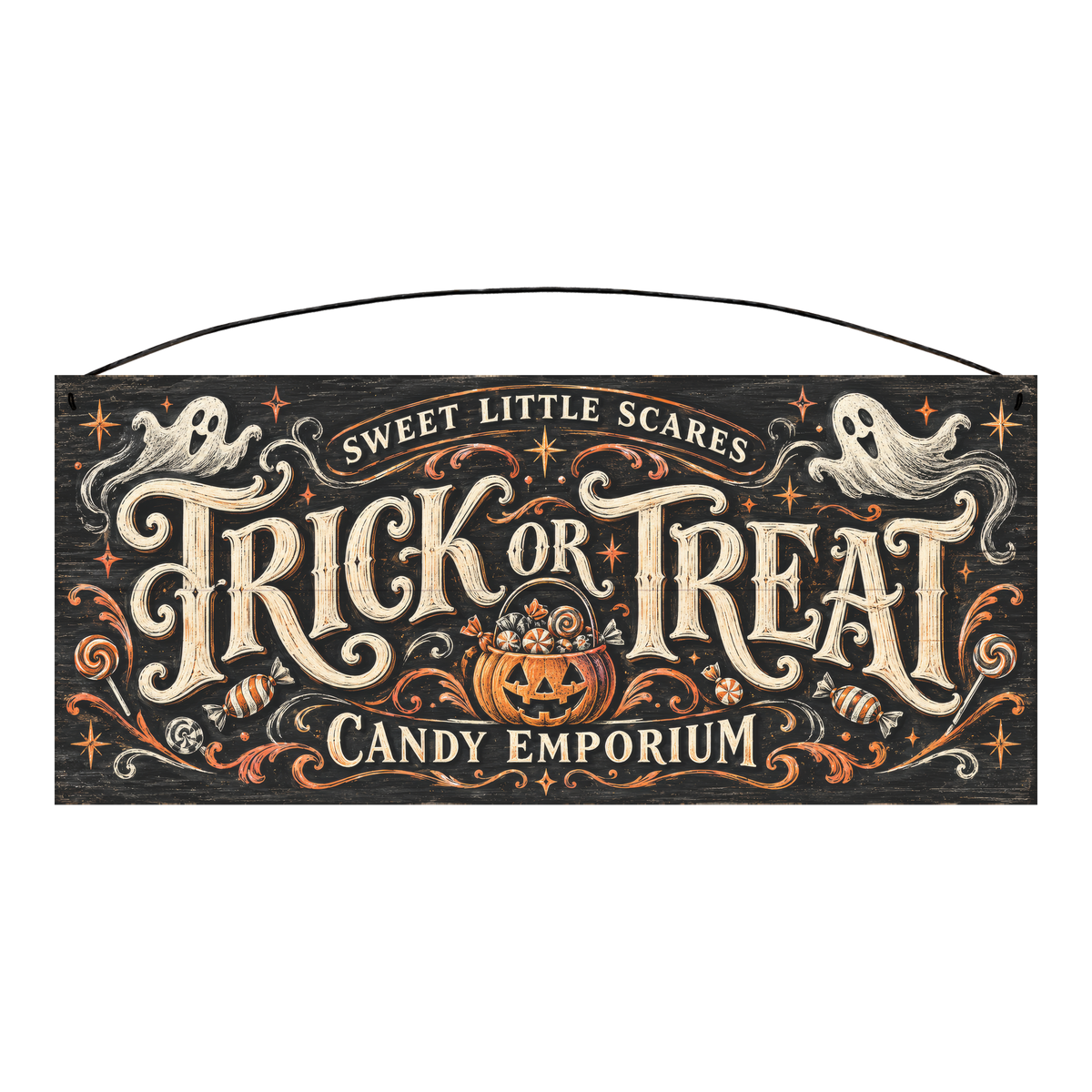 Trick or Treat Candy Emporium 7x16 pine wood sign, front