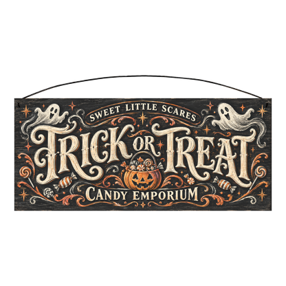 Trick or Treat Candy Emporium 7x16 pine wood sign, front
