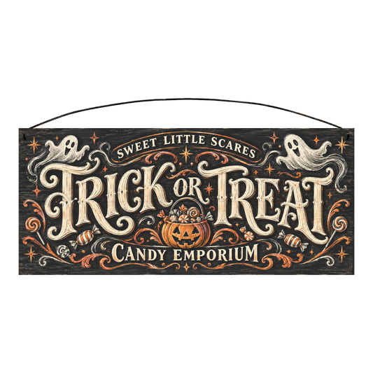 Trick or Treat Candy Emporium 7x16 pine wood sign, front
