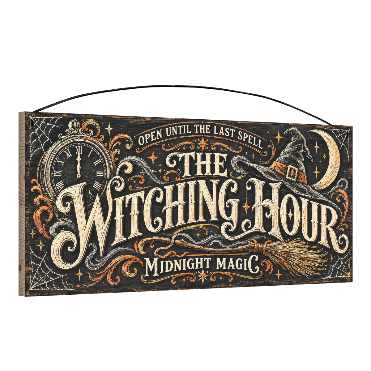 The Witching Hour Midnight Magic 7x16 pine wood sign, angled view showing edge