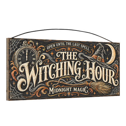 The Witching Hour Midnight Magic 7x16 pine wood sign, angled view showing edge
