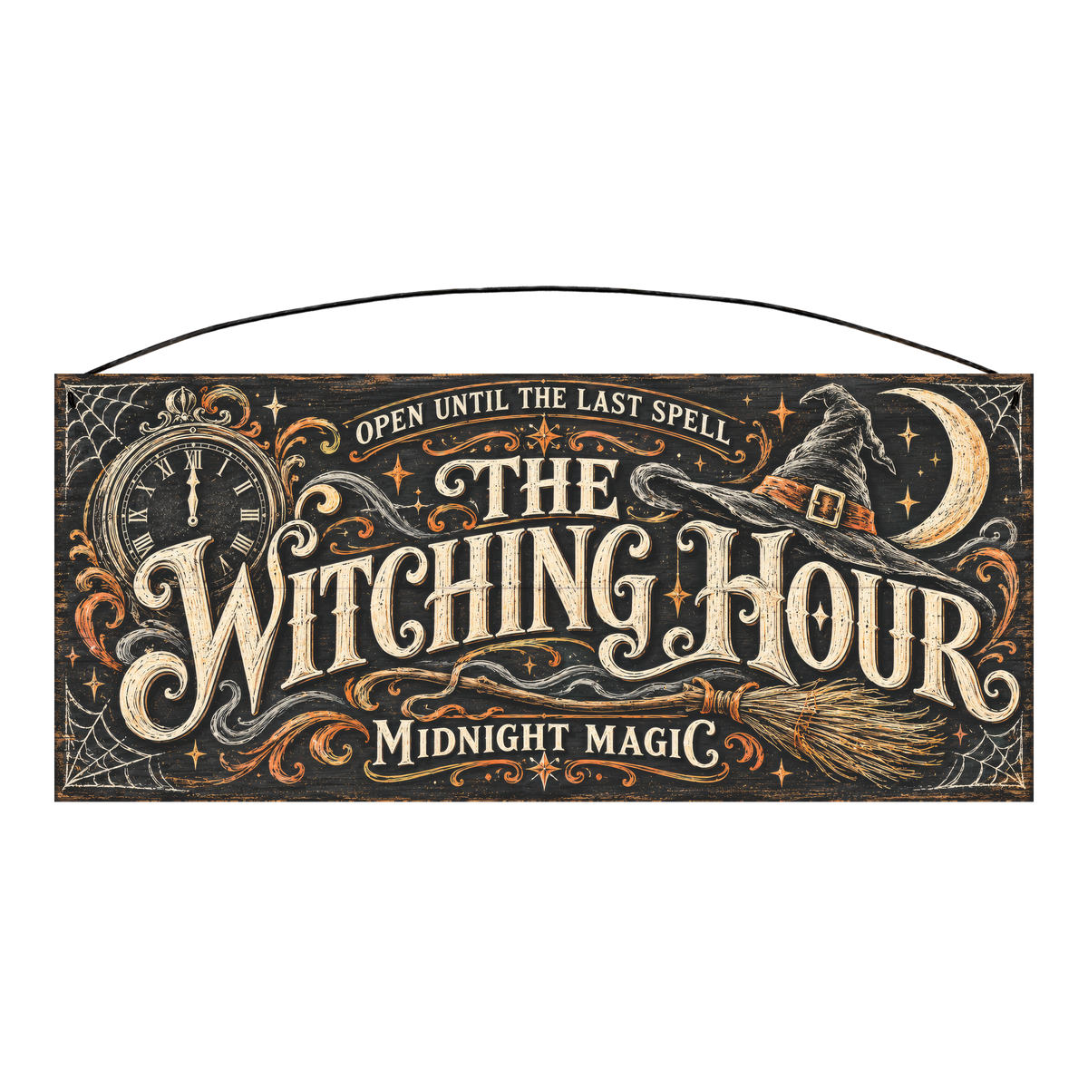 The Witching Hour Midnight Magic 7x16 pine wood sign, front