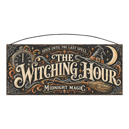 The Witching Hour Midnight Magic 7x16 pine wood sign, front