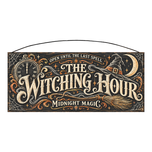 The Witching Hour Midnight Magic 7x16 pine wood sign, front
