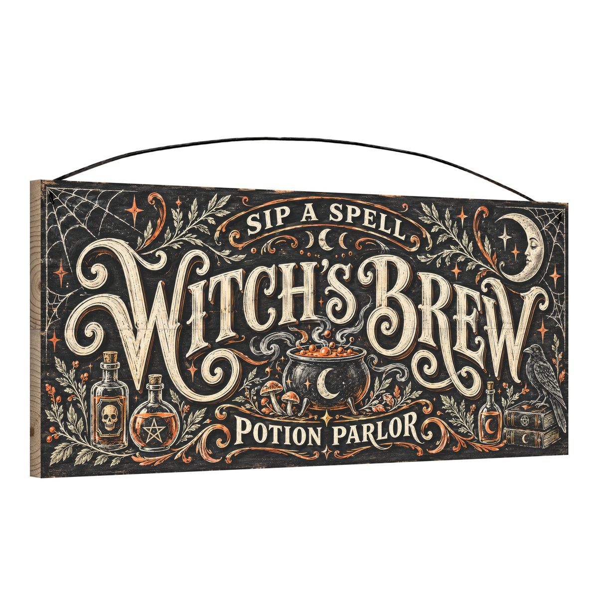 Witch's Brew Potion Parlor 7x16 pine wood sign, angled view showing edge