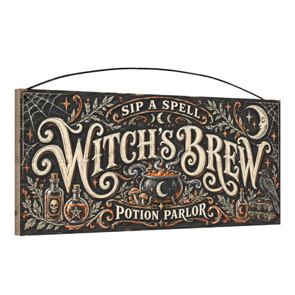 Witch's Brew Potion Parlor 7x16 pine wood sign, angled view showing edge