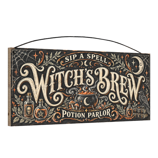 Witch's Brew Potion Parlor 7x16 pine wood sign, angled view showing edge