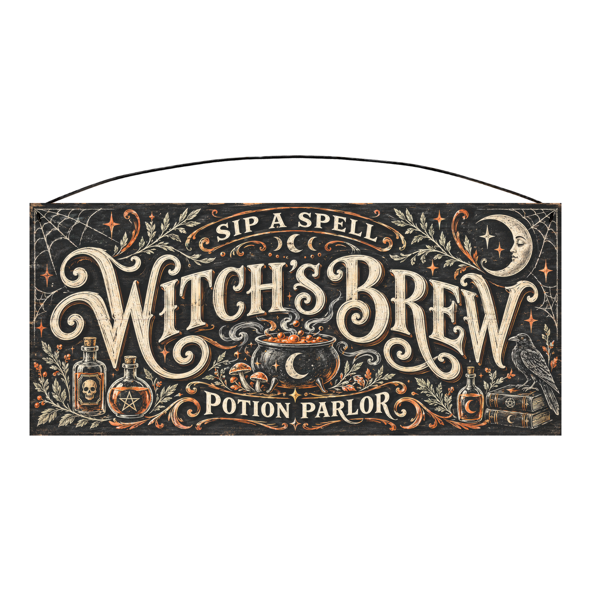Witch's Brew Potion Parlor 7x16 pine wood sign, front