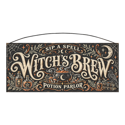 Witch's Brew Potion Parlor 7x16 pine wood sign, front