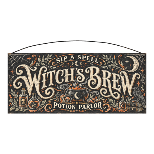 Witch's Brew Potion Parlor 7x16 pine wood sign, front