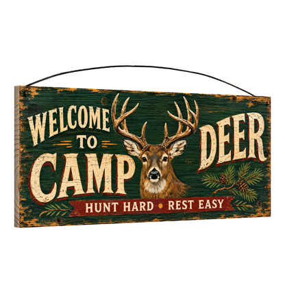 Angled view of the Welcome to Deer Camp 7 x 16 pine wood sign showing the board edge and hanging wire