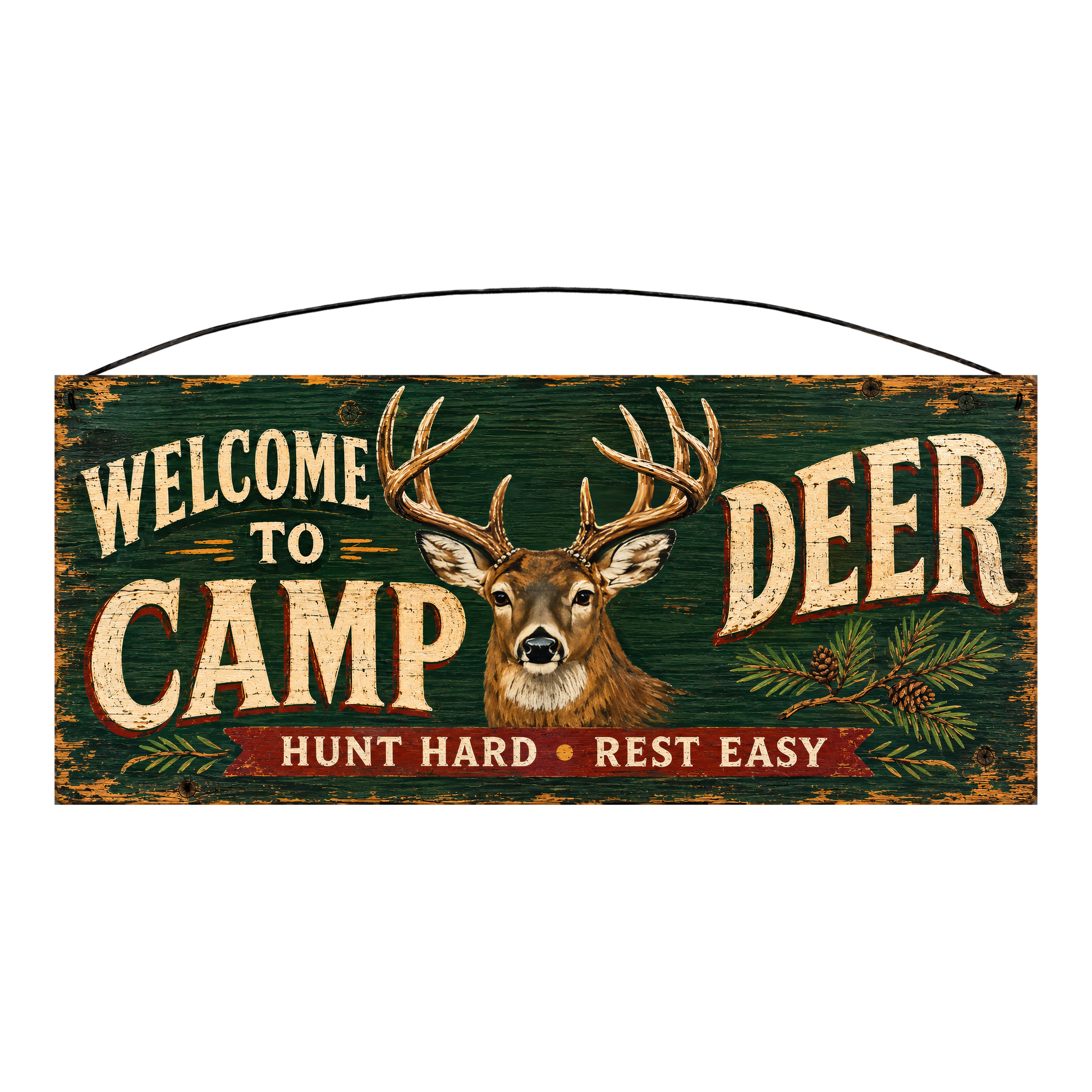 Welcome to Deer Camp Hunt Hard Rest Easy whitetail wood sign, 7 x 16 inches — solid pine