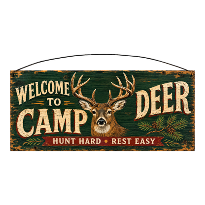 Welcome to Deer Camp Hunt Hard Rest Easy whitetail wood sign, 7 x 16 inches — solid pine