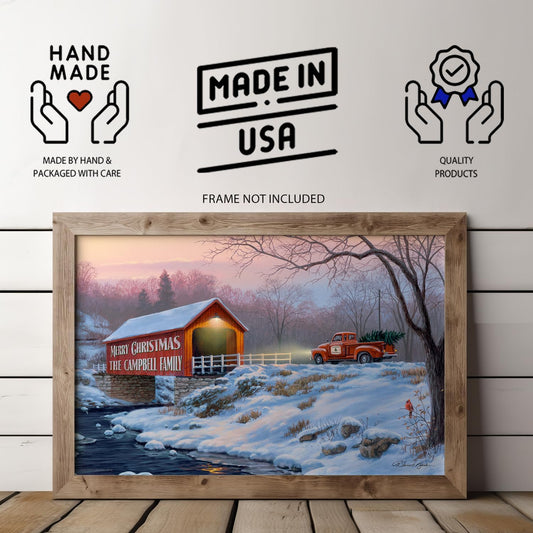 Personalized Christmas print with family name on covered bridge and vintage red truck carrying tree, winter scene by Darrell Bush.