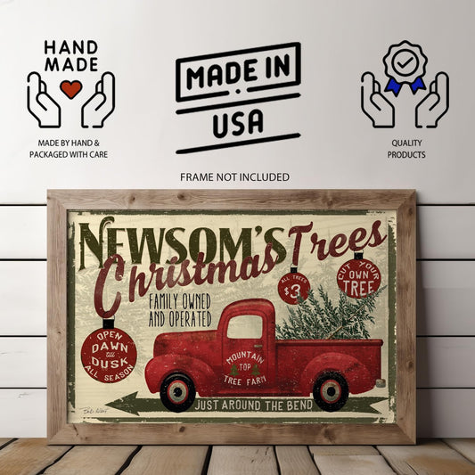 Vintage red truck carrying Christmas trees personalized with family name above "Christmas Trees"