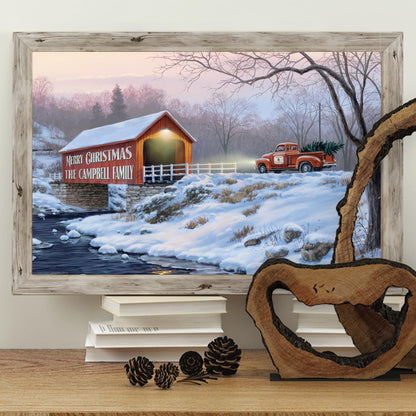 Winter scene print by Darrell Bush featuring custom family name, snow-covered bridge, and festive red truck.