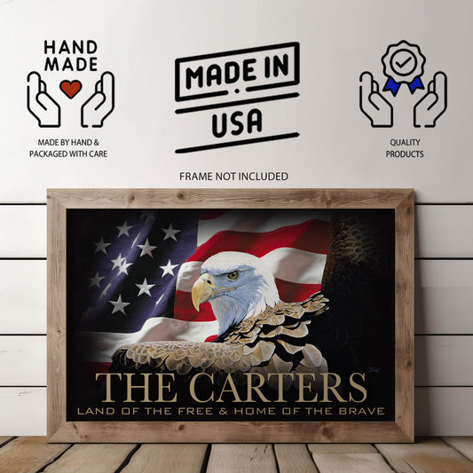Land of the Free – Personalized Patriotic Poster | Bald Eagle & U.S. Flag Wall Art | 11x17 Unframed Print