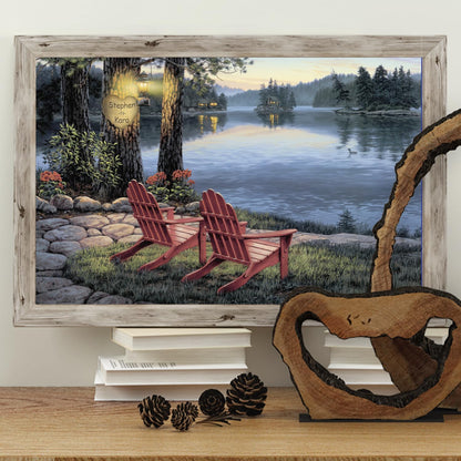 A perfect wedding or anniversary gift — this lakeside scene includes your custom names carved into a heart on a tree, with the peaceful lake and glowing cabins in the background.