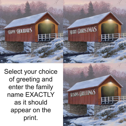 Close-up of a snowy covered bridge reading Merry Christmas with custom family name, red truck approaching in winter dusk.