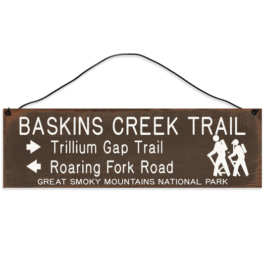 Baskins Creek | Trail Marker | Hiking Décor | Handmade | Wood Sign | Wire Hanger/Stand | UV Printed | Solid Maple