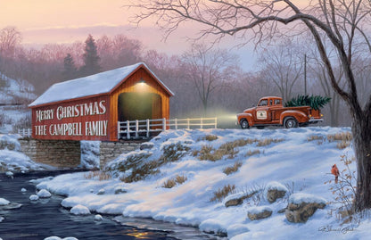 Rustic Christmas art print with red pickup truck and personalized family name on covered bridge in snowy landscape.