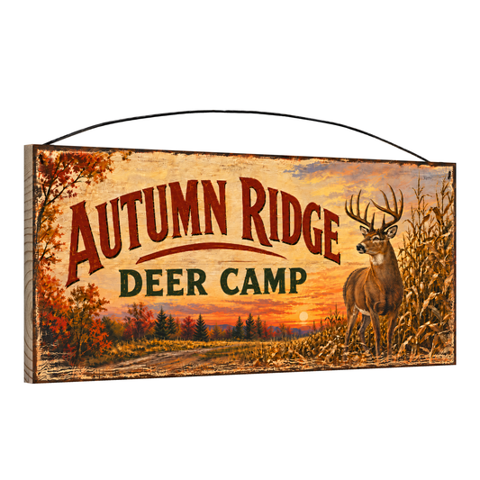Angled view of the Autumn Ridge Deer Camp 7 x 16 pine wood sign showing the board edge and hanging wire