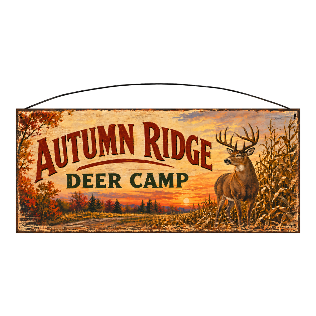 Autumn Ridge Deer Camp whitetail wood sign, 7 x 16 inches — solid pine