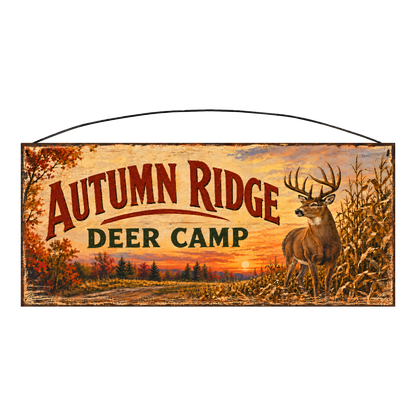 Autumn Ridge Deer Camp whitetail wood sign, 7 x 16 inches — solid pine