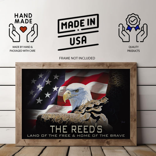 Personalized patriotic poster with Bald Eagle and American Flag – “Land of the Free, Home of the Brave” – Custom family name wall art print.
