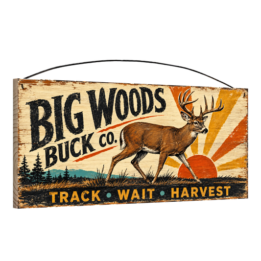 Angled view of the Big Woods Buck Co. 7 x 16 pine wood sign showing the board edge and hanging wire