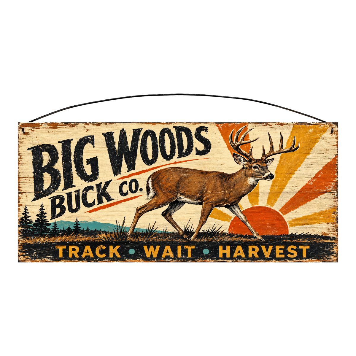 Big Woods Buck Co. Track Wait Harvest wood sign, 7 x 16 inches — solid pine