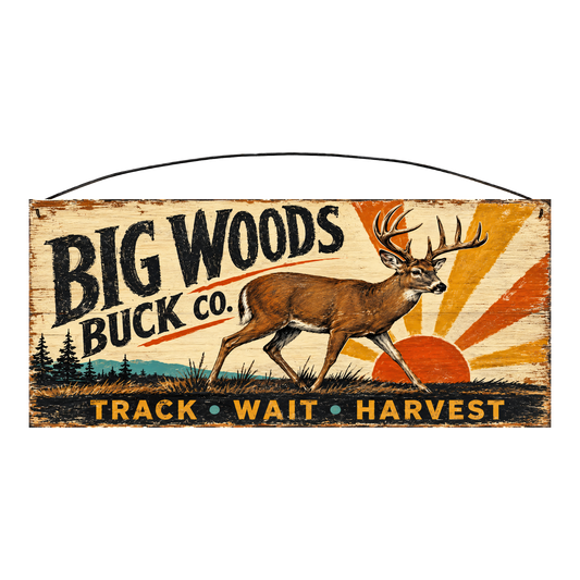 Big Woods Buck Co. Track Wait Harvest wood sign, 7 x 16 inches — solid pine