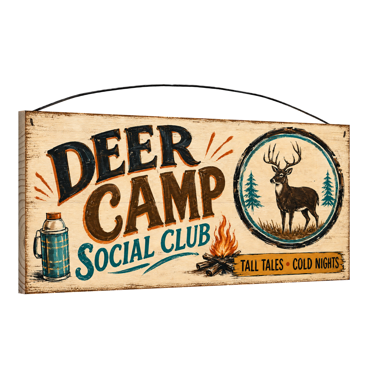 Angled view of the Deer Camp Social Club 7 x 16 pine wood sign showing the board edge and hanging wire