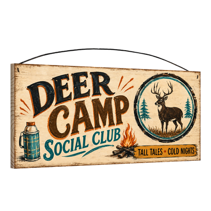 Angled view of the Deer Camp Social Club 7 x 16 pine wood sign showing the board edge and hanging wire