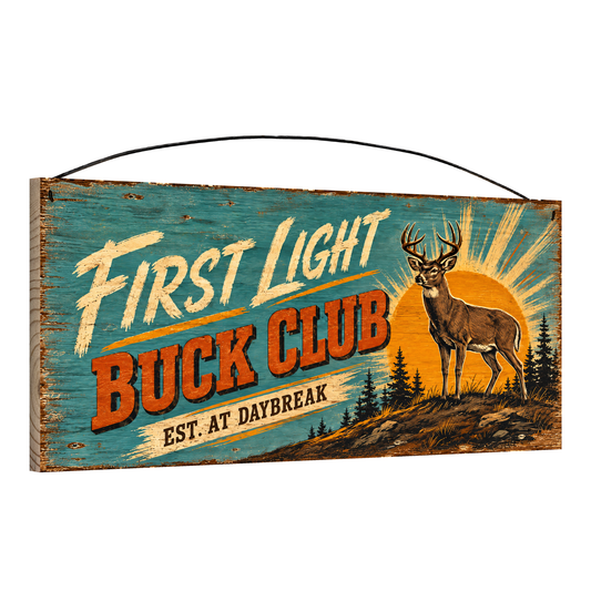 Angled view of the First Light Buck Club 7 x 16 pine wood sign showing the board edge and hanging wire