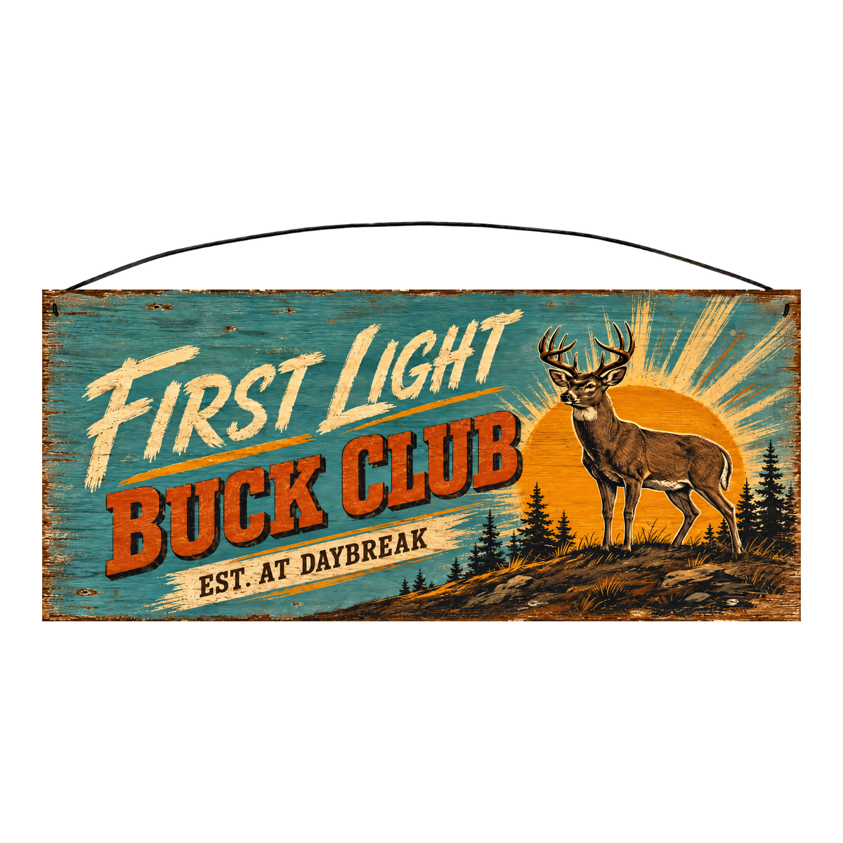First Light Buck Club Est. at Daybreak wood sign, 7 x 16 inches — solid pine