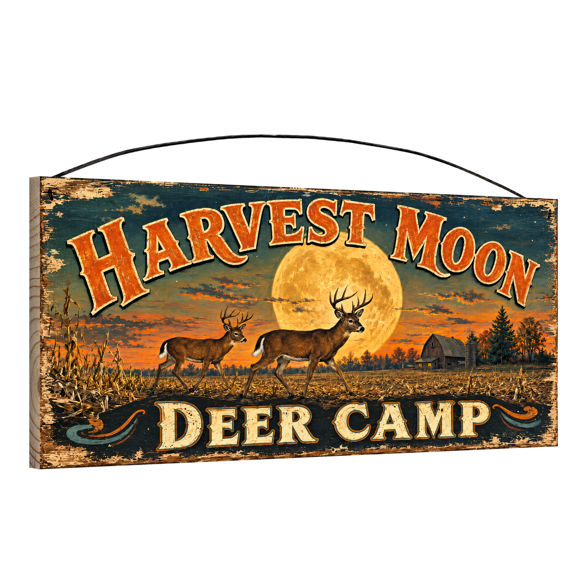 Angled view of the Harvest Moon Deer Camp 7 x 16 pine wood sign showing the board edge and hanging wire