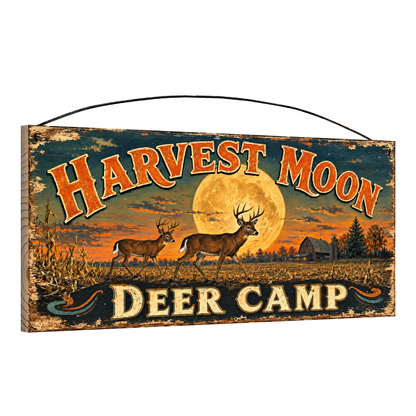 Angled view of the Harvest Moon Deer Camp 7 x 16 pine wood sign showing the board edge and hanging wire