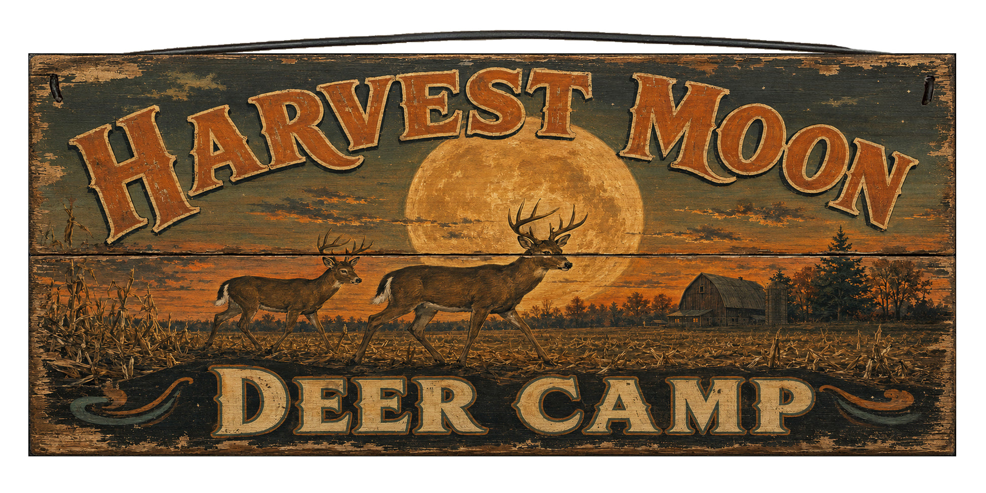 Harvest Moon Deer Camp 7 x 16 pine wood sign by Sawyer's Mill