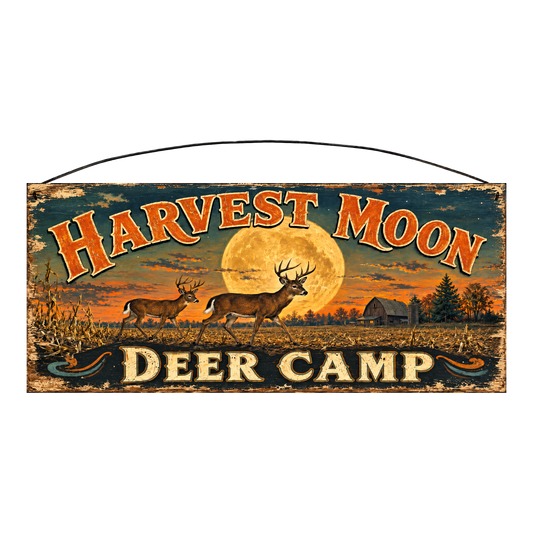 Harvest Moon Deer Camp whitetail wood sign, 7 x 16 inches — solid pine