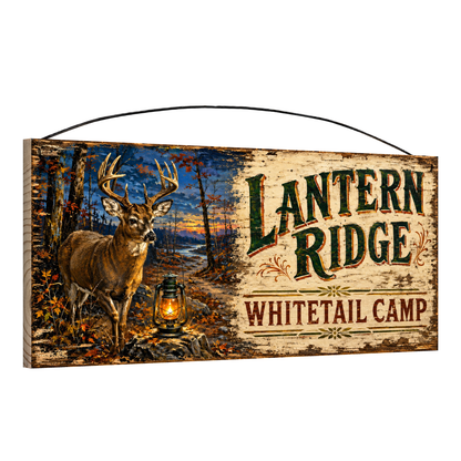 Angled view of the Lantern Ridge Whitetail Camp 7 x 16 pine wood sign showing the board edge and hanging wire